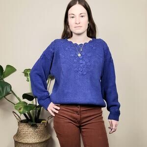 Vintage 80s 90s Floral Embroidered Granny Sweater Blue XL